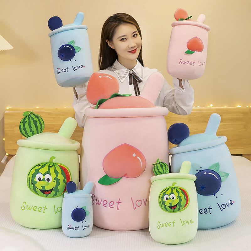 Fruit Peach Watermelon Blueberry Milk Tea Cup Plush Pillow Toys