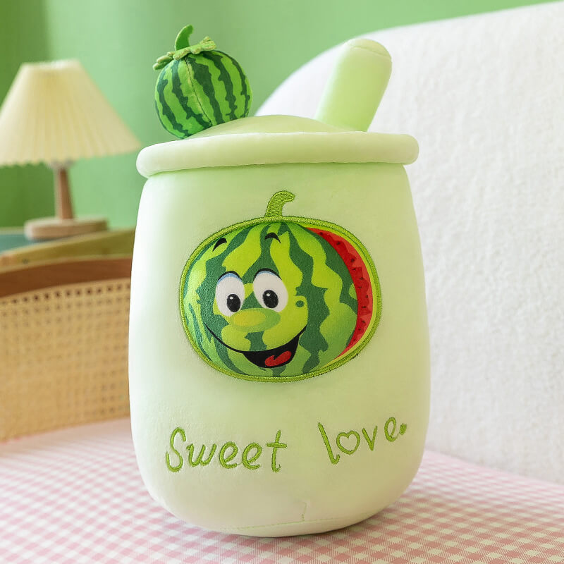 Fruit Peach Watermelon Blueberry Milk Tea Cup Plush Pillow Toys