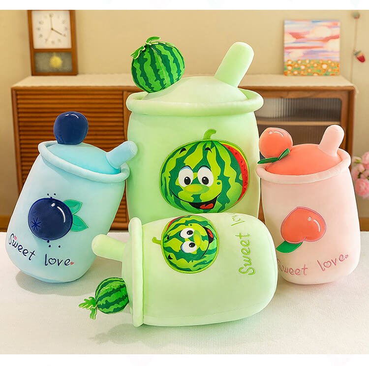 Fruit Peach Watermelon Blueberry Milk Tea Cup Plush Pillow Toys