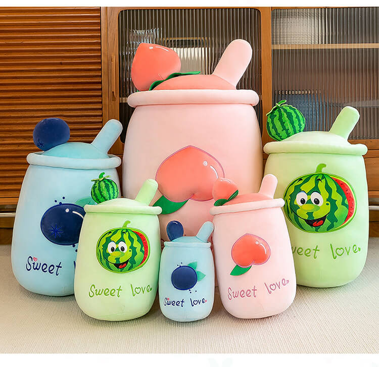 Fruit Peach Watermelon Blueberry Milk Tea Cup Plush Pillow Toys