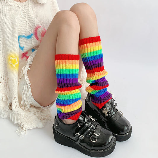 Knitted Rainbow Striped Mid-leg Socks