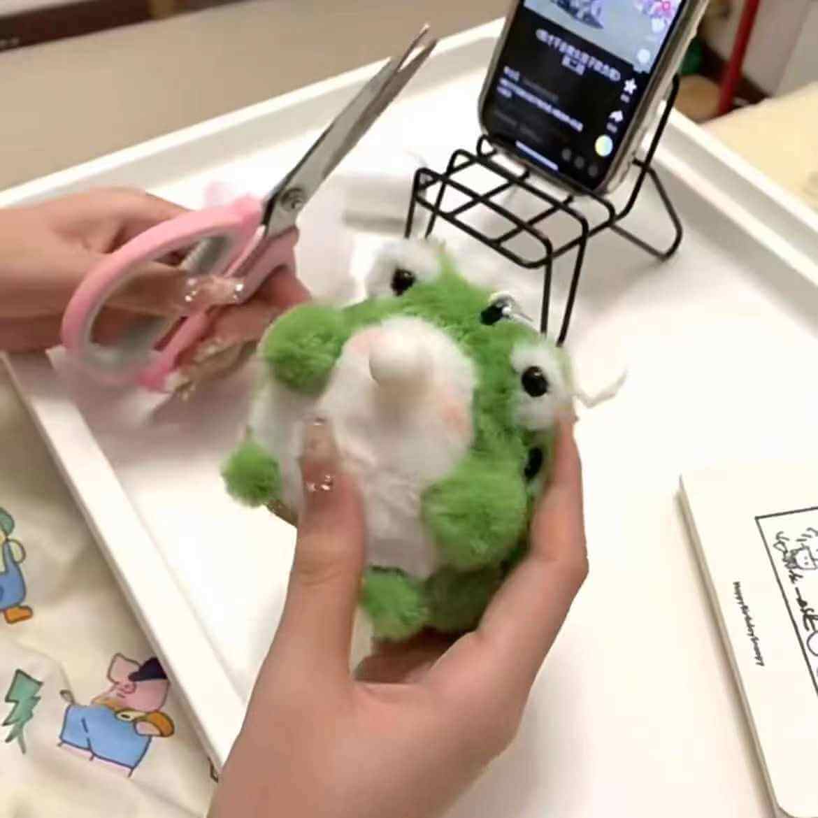 Frog Plush Keychain With Built-in Squeaker Bubble Blowing Feature