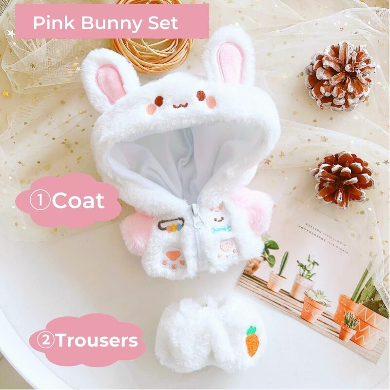 20cm Cotton Doll-White Teddy Brown Puppy Pink Bunny Coat And Trousers