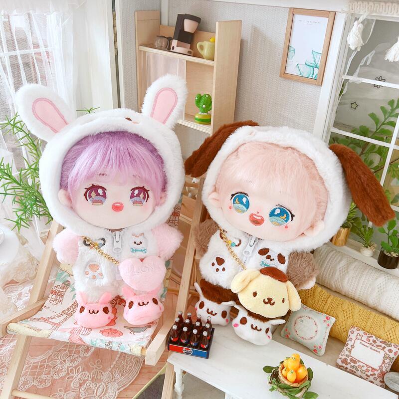 20cm Cotton Doll-White Teddy Brown Puppy Pink Bunny Coat And Trousers