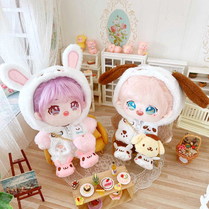 20cm Cotton Doll-White Teddy Brown Puppy Pink Bunny Coat And Trousers