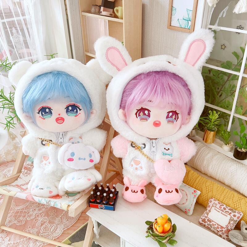 20cm Cotton Doll-White Teddy Brown Puppy Pink Bunny Coat And Trousers