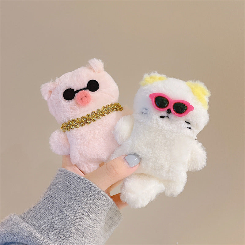 Cute Plush Doll Fur Fluffy Pompom Keychain Wearing Sunglasses